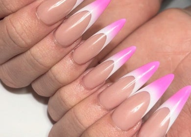 Vivid pink gradient stiletto nails at Polished Nail Bar DTLA, Los Angeles, California, US.