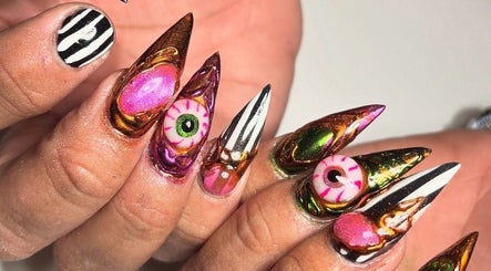 Bold nail art with vibrant, eclectic designs at Polished Nail Bar DTLA, Los Angeles, California, US.