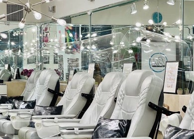 Elegant nail spa chairs at Polished Nail Bar DTLA, Los Angeles, California, US.