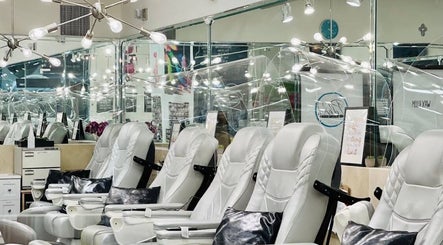 Elegant nail spa chairs at Polished Nail Bar DTLA, Los Angeles, California, US.