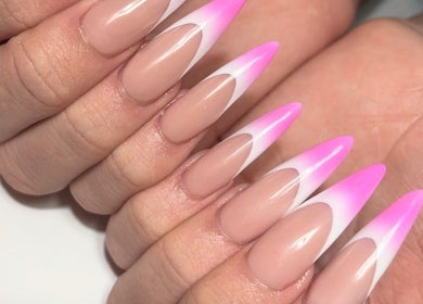 Bright pink and white stiletto nails at Polished Nail Bar DTLA, Los Angeles, California, US.