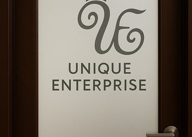 Unique Enterprise Nails entrance door logo in Atlanta, Georgia, US.