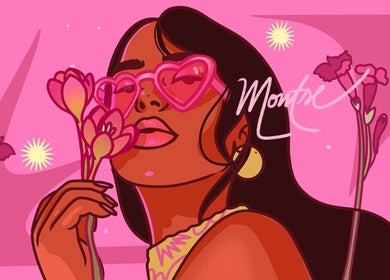 Ilustración vibrante de una mujer con gafas de corazón en MOONLASH, San Luis Potosí, MX.