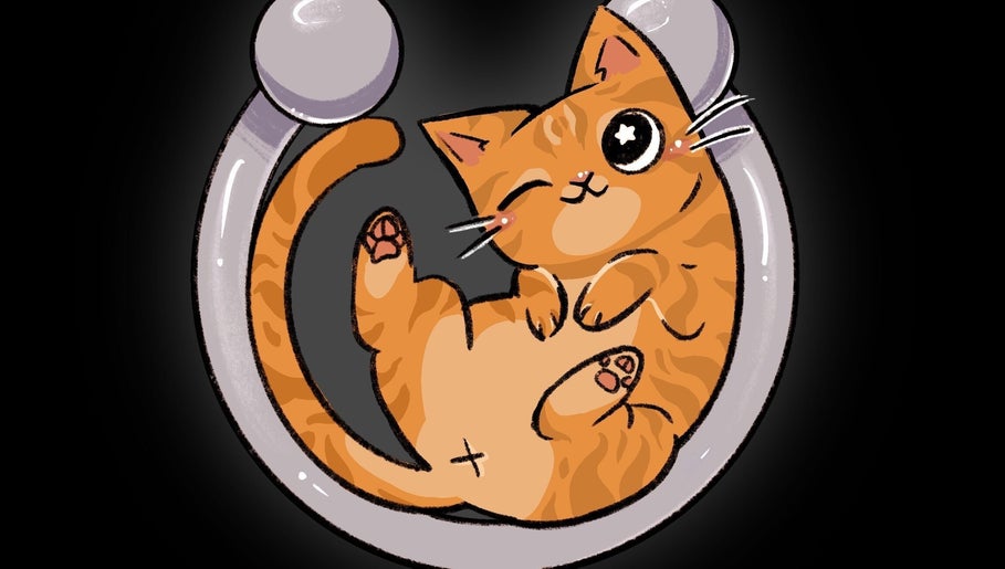 Ilustración de un gato naranja abrazando un aro en Juliet Piercer & Tattoo, Málaga, Andalucía, ES.
