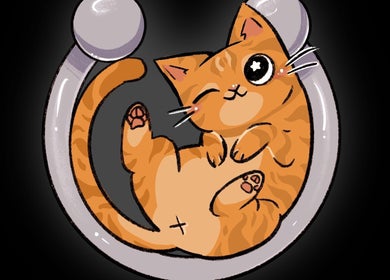 Ilustración de un gato naranja abrazando un aro en Juliet Piercer & Tattoo, Málaga, Andalucía, ES.