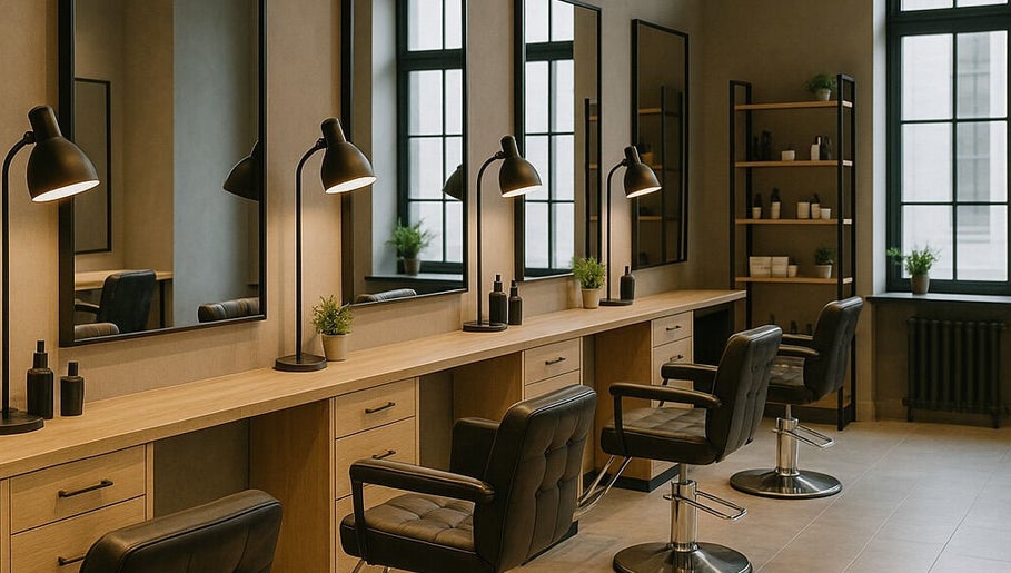 Moderner Innenraum von Foruzan's Cut&Kosmetik in Düsseldorf, Nordrhein-Westfalen, DE, mit stilvollen Friseurstühlen.