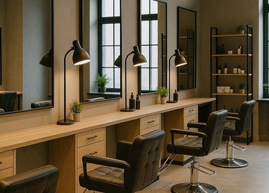 Moderner Innenraum von Foruzan's Cut&Kosmetik in Düsseldorf, Nordrhein-Westfalen, DE, mit stilvollen Friseurstühlen.