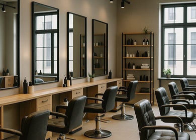Innenansicht von Foruzan's Cut&Kosmetik in Düsseldorf, stilvoller Friseursalon mit Spiegeln und Pflanzen.