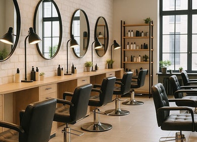 Innenansicht von Foruzan's Cut&Kosmetik in Düsseldorf, stilvolle Frisierstühle und große Spiegel.