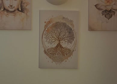 Artistic tree and serene figures at The Lux Thai Massage, Norwich, England, GB.