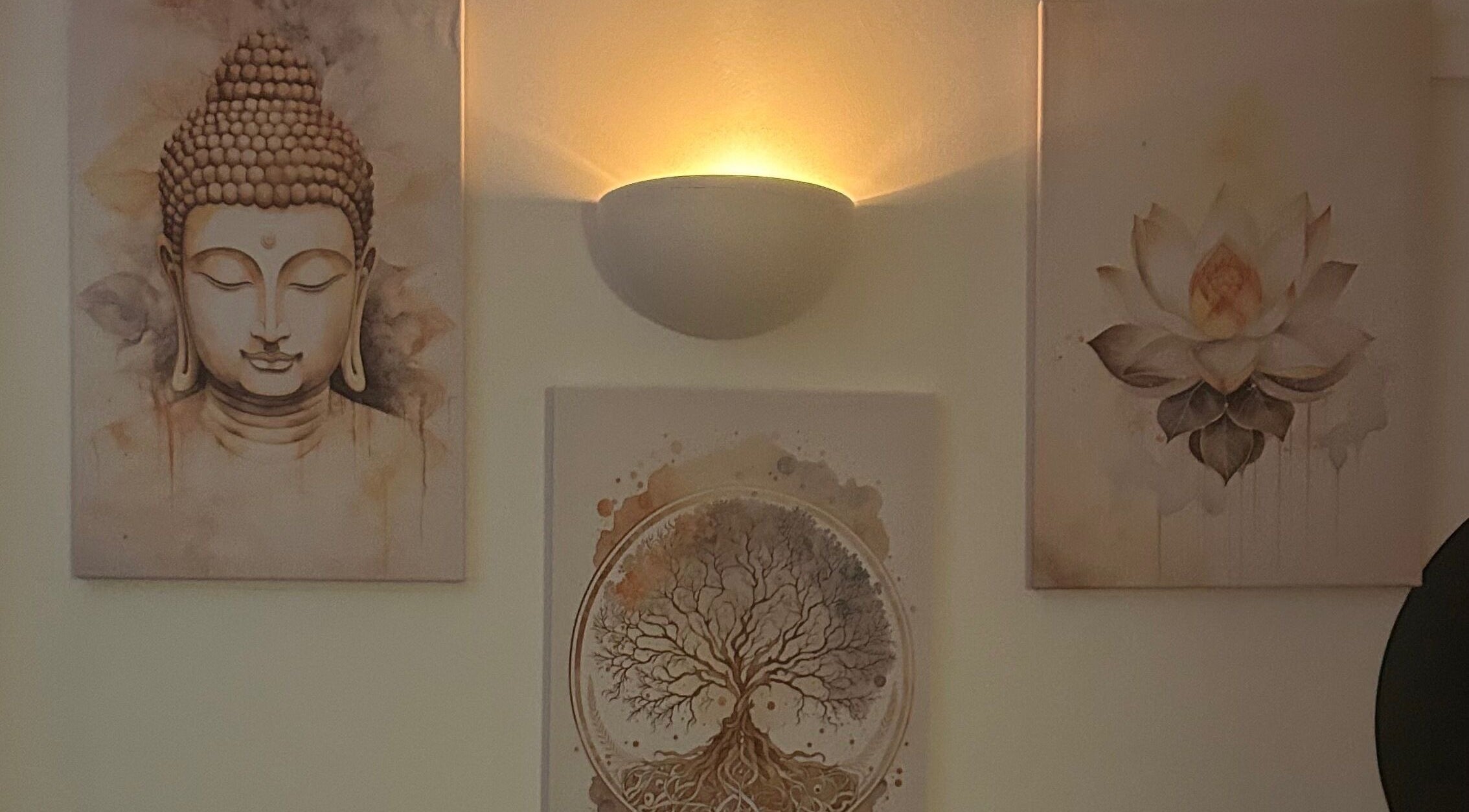 Serene wall art featuring Buddha and lotus flower at The Lux Thai Massage, Norwich, England, GB.
