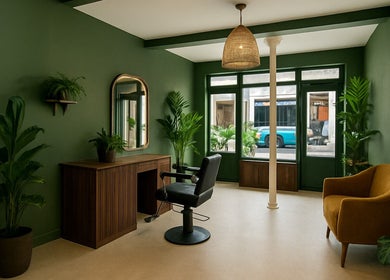 Intérieur serein du Bj Studio à Paris, Île-de-France, FR avec des plantes vertes et un fauteuil confortable.