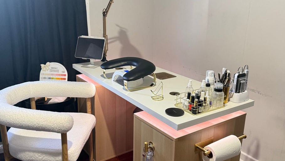 Luxurious manicure station at Gals Perth, Langford, Western Australia, AU with tools and nail polish display.