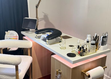 Luxurious manicure station at Gals Perth, Langford, Western Australia, AU with tools and nail polish display.