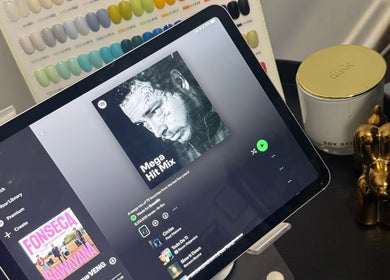 Tablet streaming music in a cozy beauty setup at Gals Perth, Langford, Western Australia, AU.