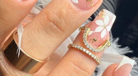 Close-up of elegant floral nail art at Gals Perth, Langford, Western Australia, AU.
