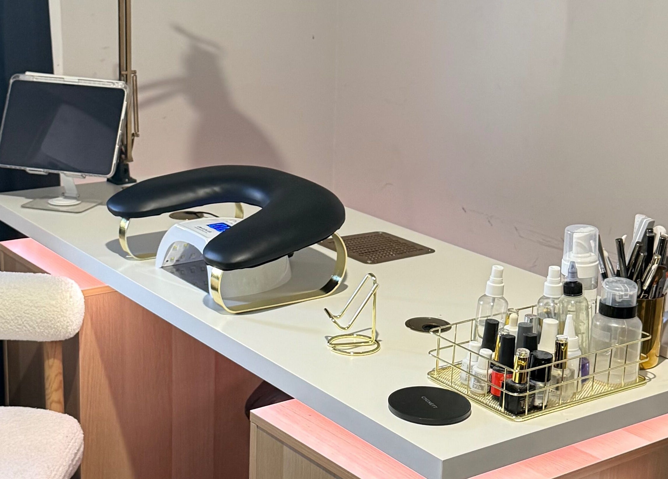 Modern beauty station at Gals Perth in Langford, Western Australia, AU with manicure tools and equipment.