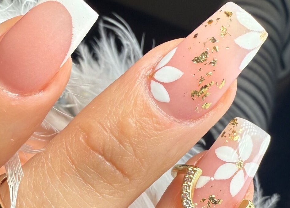 Elegant nail art with floral and gold design at Gals Perth, Langford, Western Australia, AU.