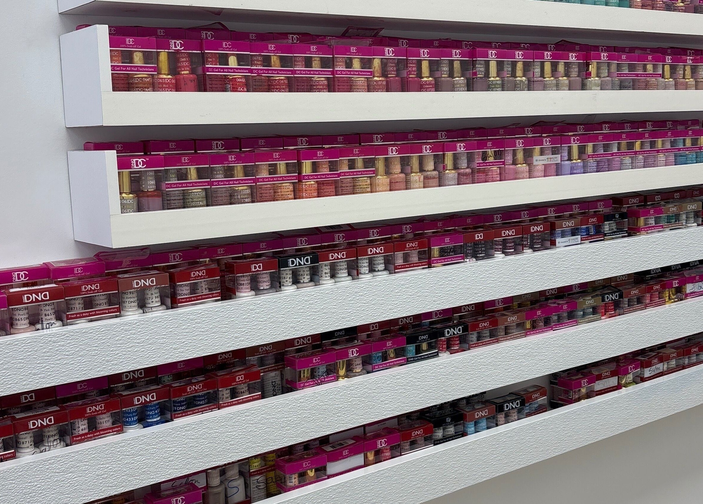Explore the vibrant nail polish collection at The Coco's Nail & Spa in Miami, Florida, US.