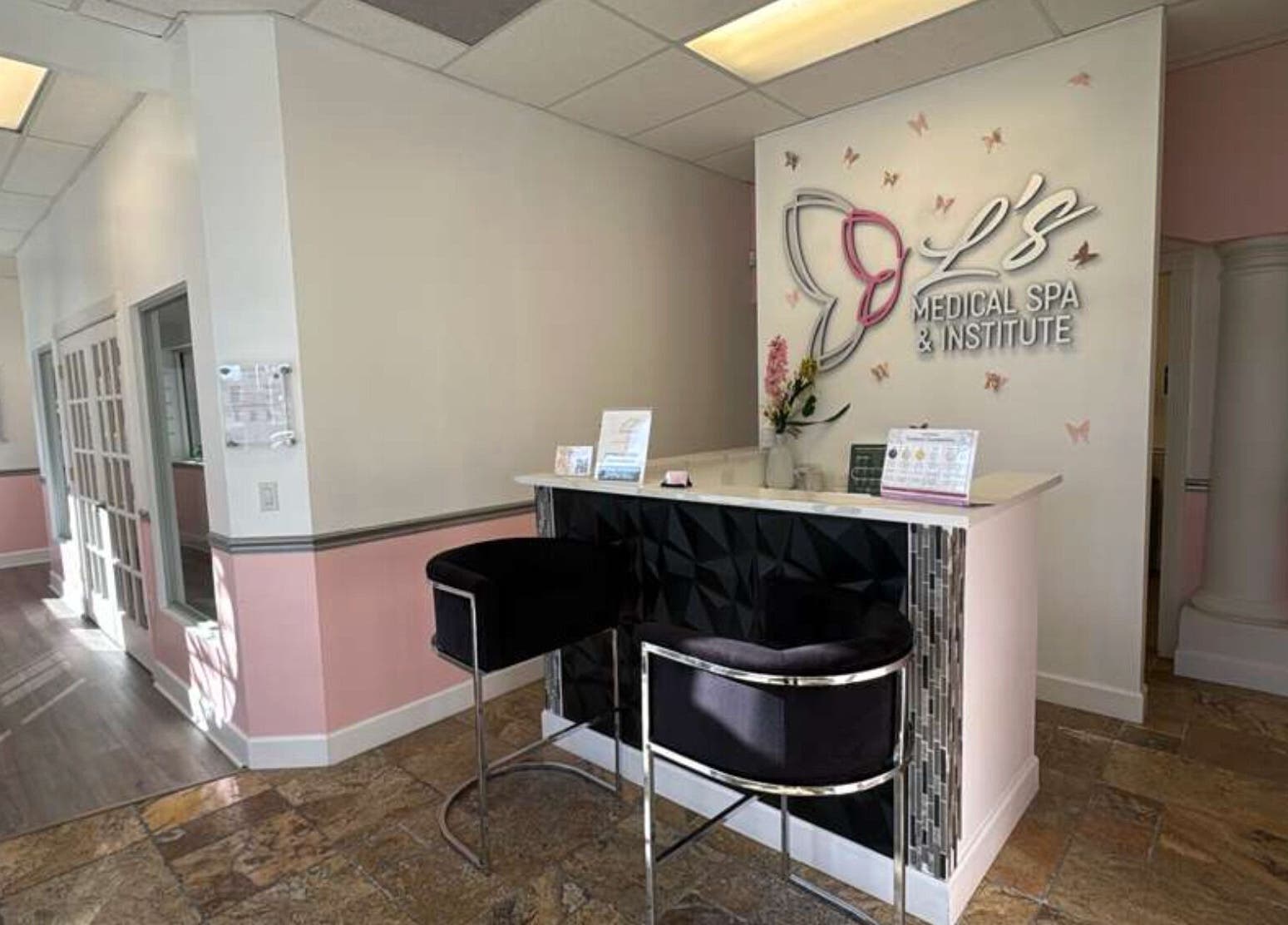 Elegant lobby of LS Medical Spa and Institute in Orlando, Florida, US with welcoming decor and seating.