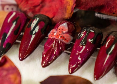 Detailed autumn-themed nail designs at Lullea Nails Shop, Toronto, Ontario, CA.