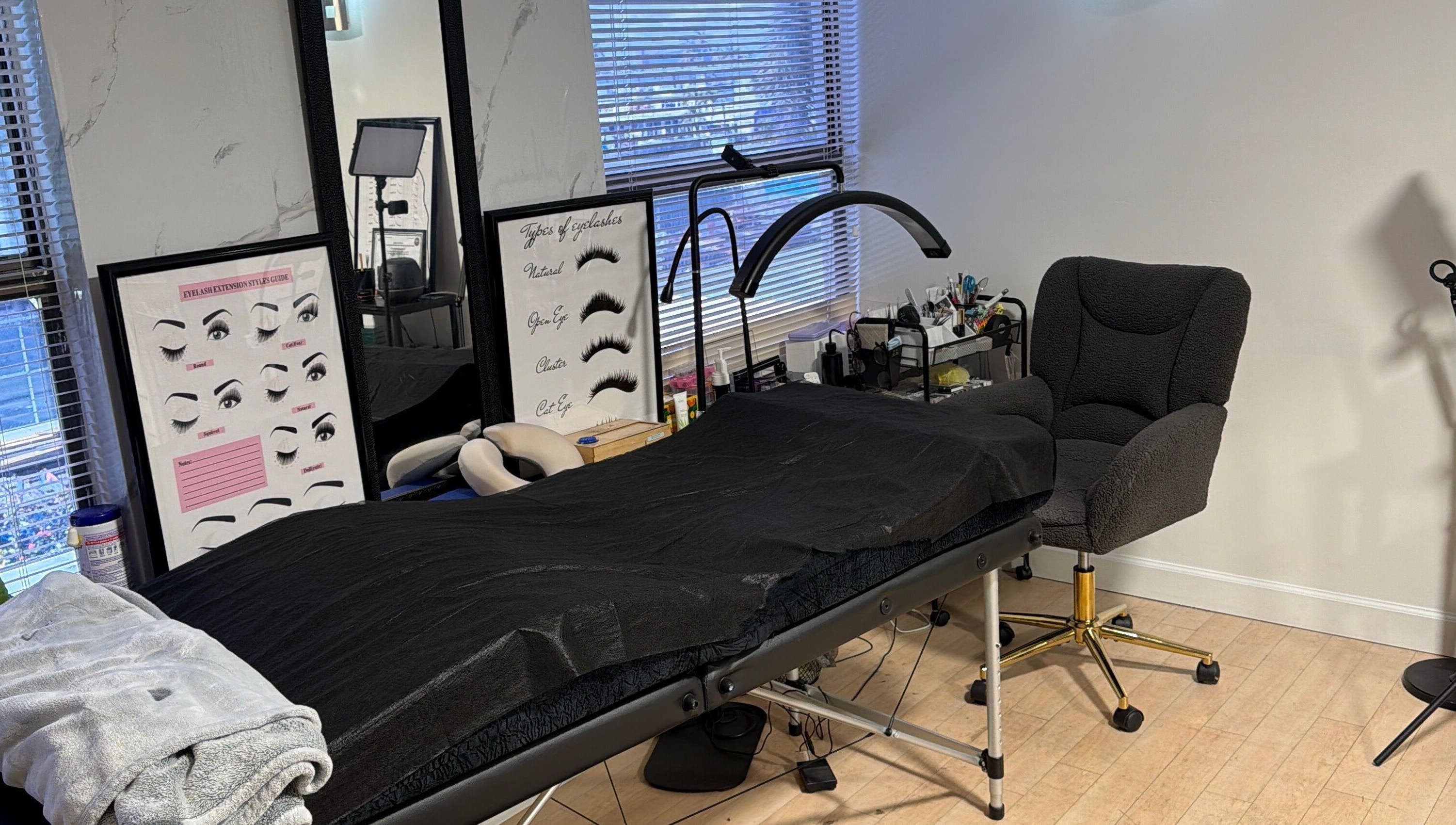 Eyelash extension setup at UNOVA lashes by HK, Hallandale Beach, Florida, US with modern decor.