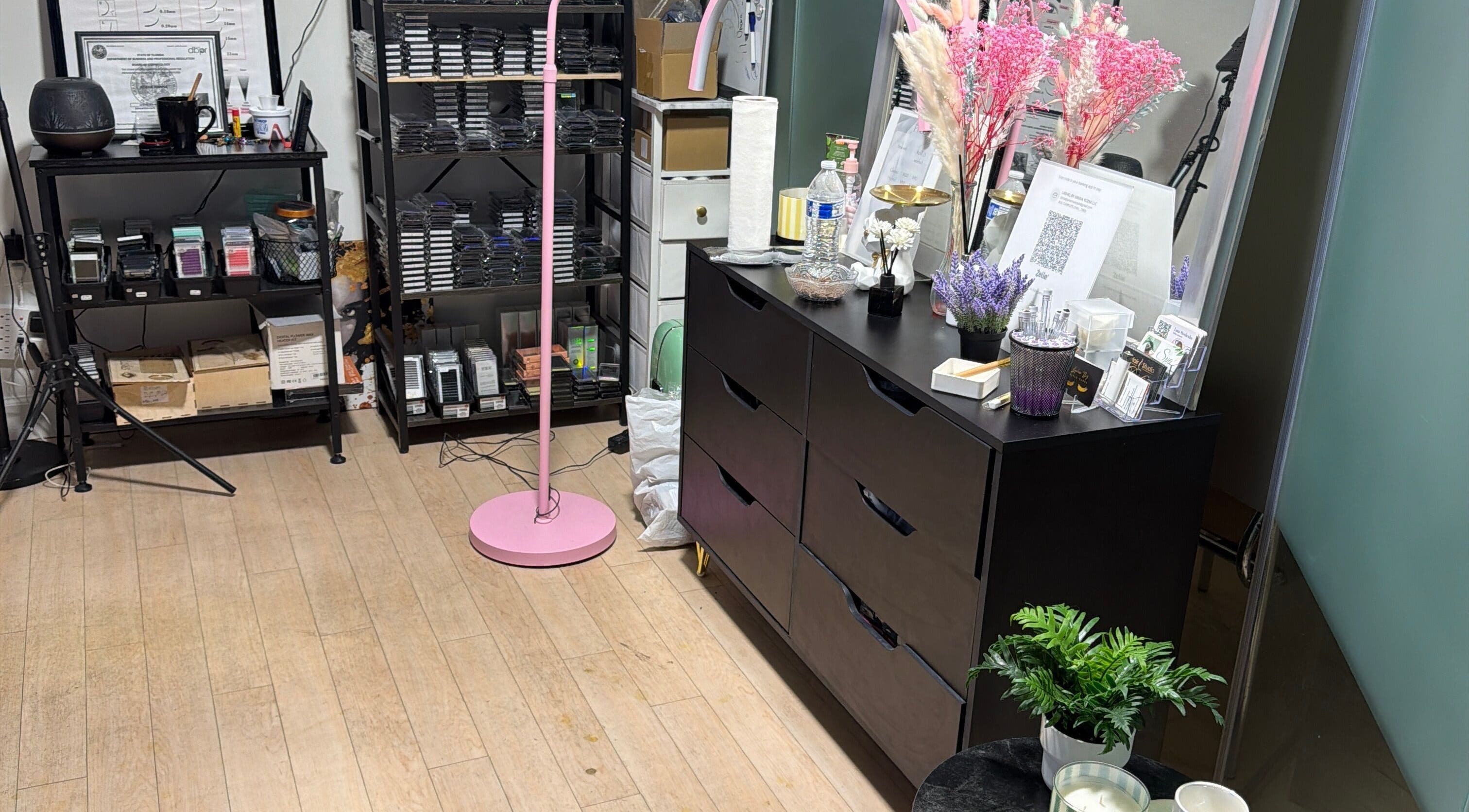 Modern lash studio setup at UNOVA lashes by HK, Hallandale Beach, Florida, US, featuring sleek decor.