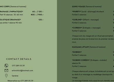 Tarifs des soins visage et corps chez ART institut à Genève, Genève, CH. Massage liftant Kobido disponible.