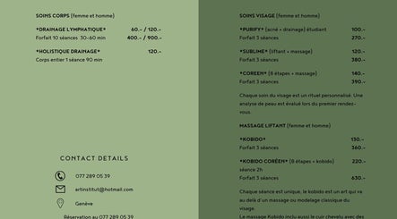 Tarifs des soins visage et corps chez ART institut à Genève, Genève, CH. Massage liftant Kobido disponible.