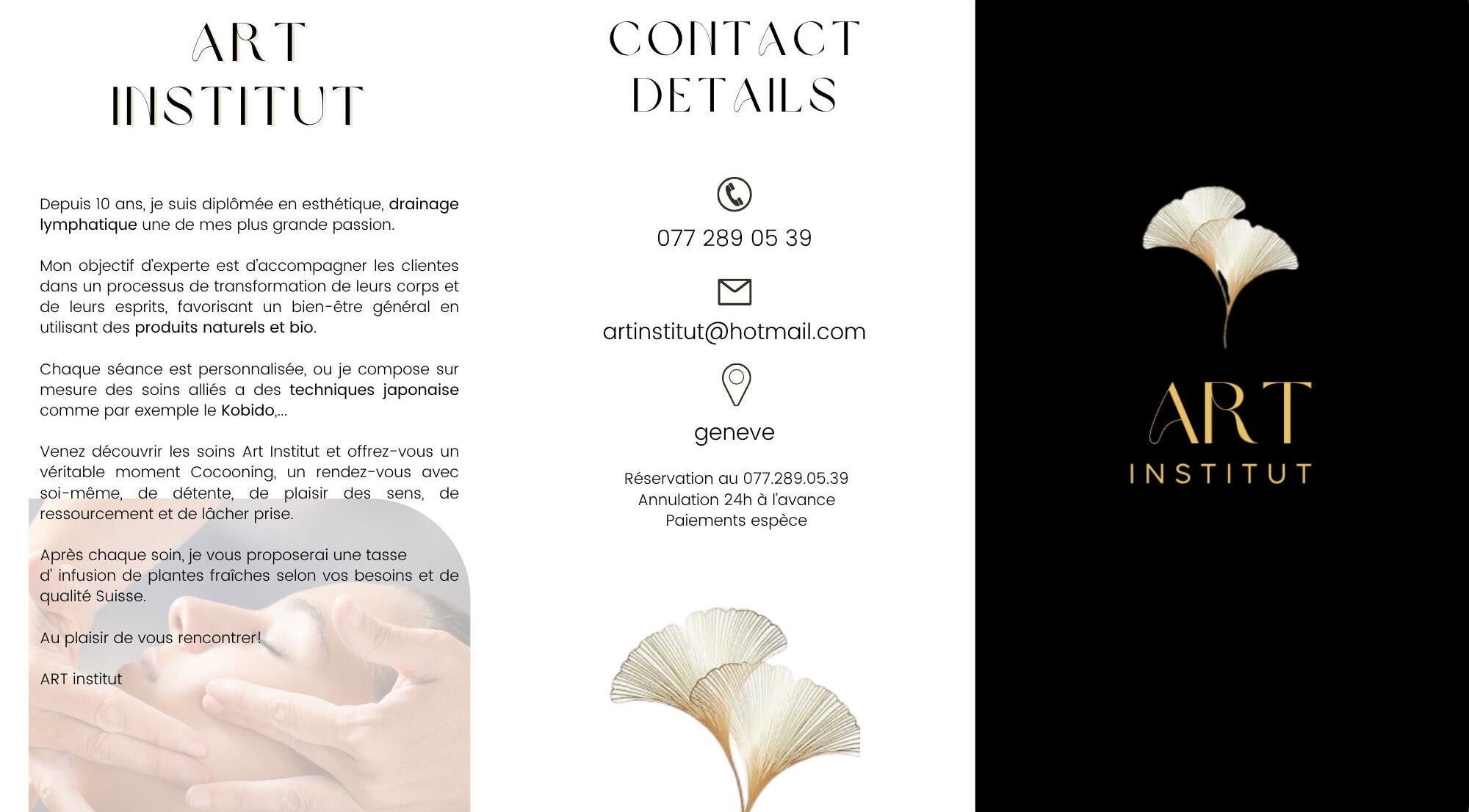 Bannière élégante de l'ART institut à Genève, Genève, CH avec détails de contact et logo artistique.