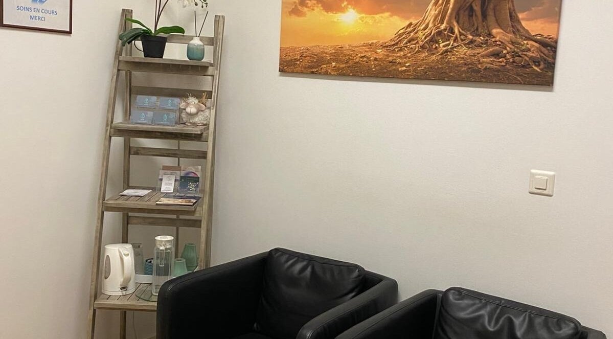 Coin détente à l'ART Institut, Genève, Genève, CH, avec fauteuils et étagère décorative.