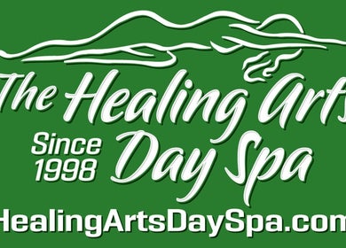 Logo of The Healing Arts Day Spa, Mesa, Arizona, US, featuring elegant script and website URL.