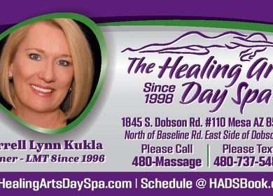 The Healing Arts Day Spa signage with contact and address in Mesa, Arizona, US.