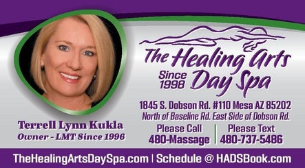The Healing Arts Day Spa signage with contact and address in Mesa, Arizona, US.