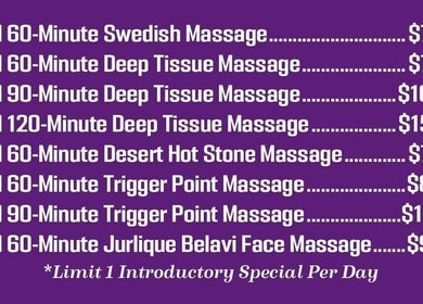 Massage services and prices at The Healing Arts Day Spa in Mesa, Arizona, US promoting relaxation and wellness.