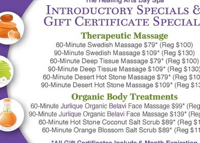 Specials at The Healing Arts Day Spa in Mesa, Arizona, US, featuring massages and organic treatments.