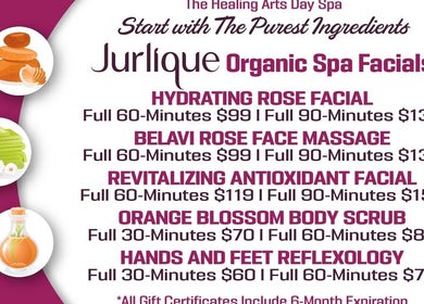 Pricing for organic spa facials at The Healing Arts Day Spa, Mesa, Arizona, US.