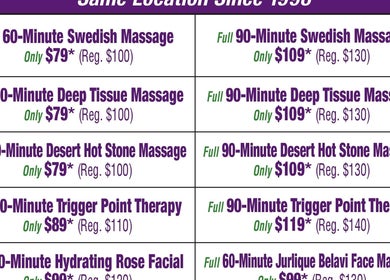 Service menu for The Healing Arts Day Spa in Mesa, Arizona, US showcasing massage and facial options.