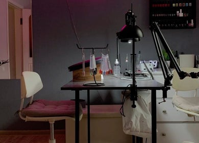 Lashology- Lashes and Nails by Anna in Melbourne, Victoria, AU. Modern nail studio setup with tools and chairs.