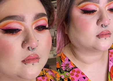 Model with vibrant eye makeup at Poppy’s Make Up & Beauty Bar, Redditch, England, GB.