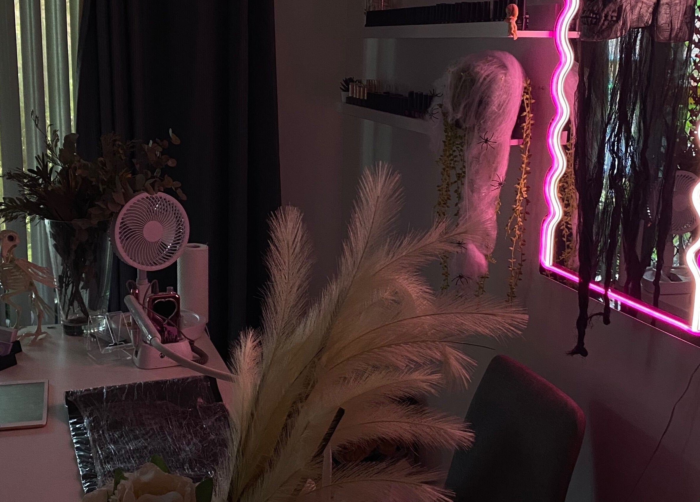 Chic beauty corner with neon lights at Pretty In Paradise Beauty, Toormina, New South Wales, AU.