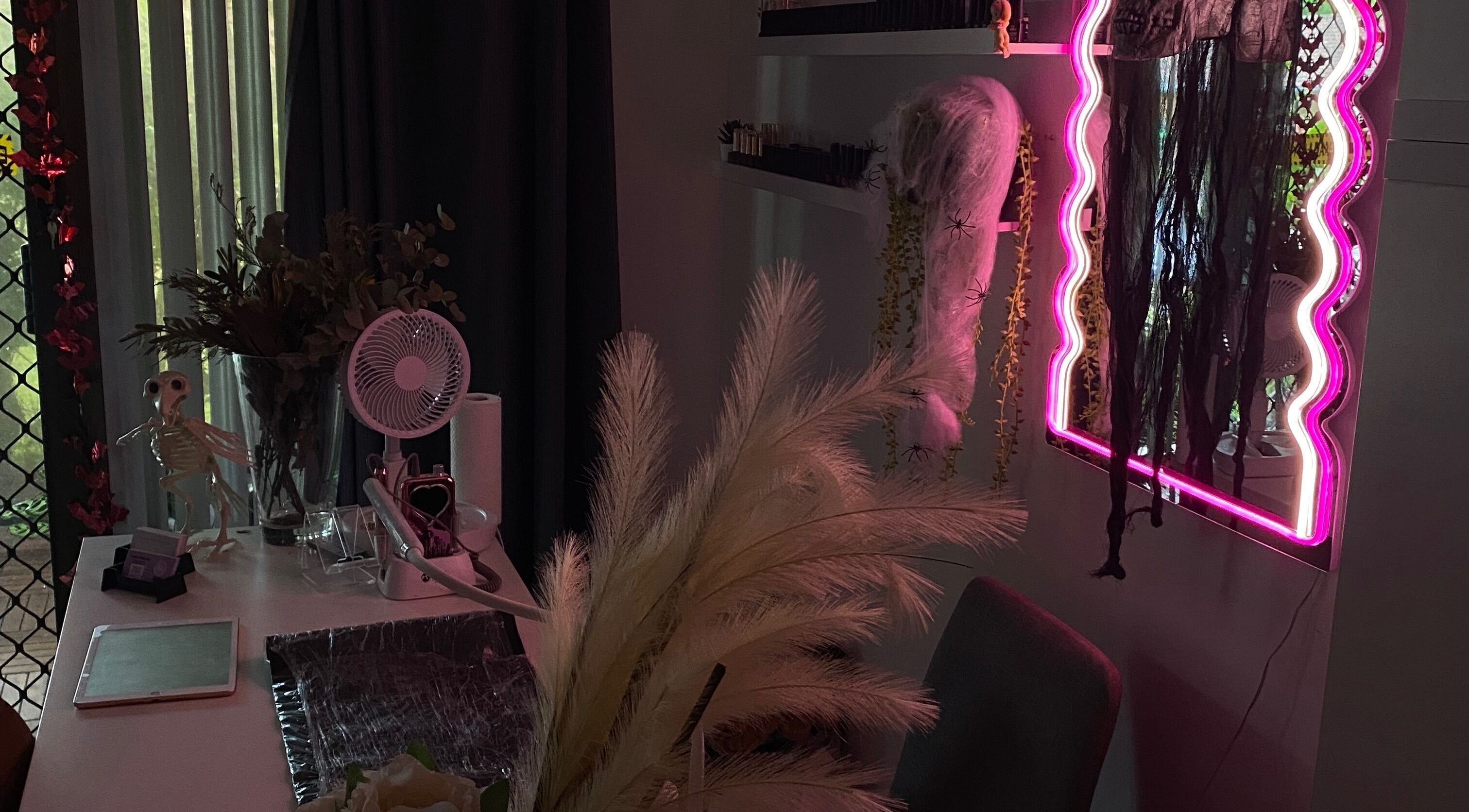 Chic beauty corner with neon lights at Pretty In Paradise Beauty, Toormina, New South Wales, AU.