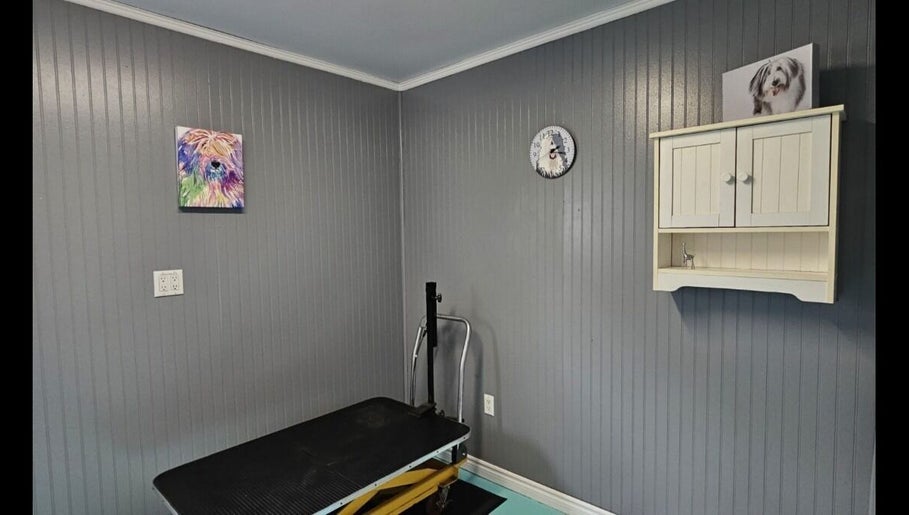 Grooming room at Luna Pets in Gloucester, England, GB, featuring a table and pet artwork.