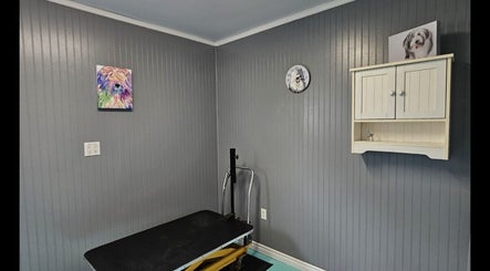 Grooming room at Luna Pets in Gloucester, England, GB, featuring a table and pet artwork.