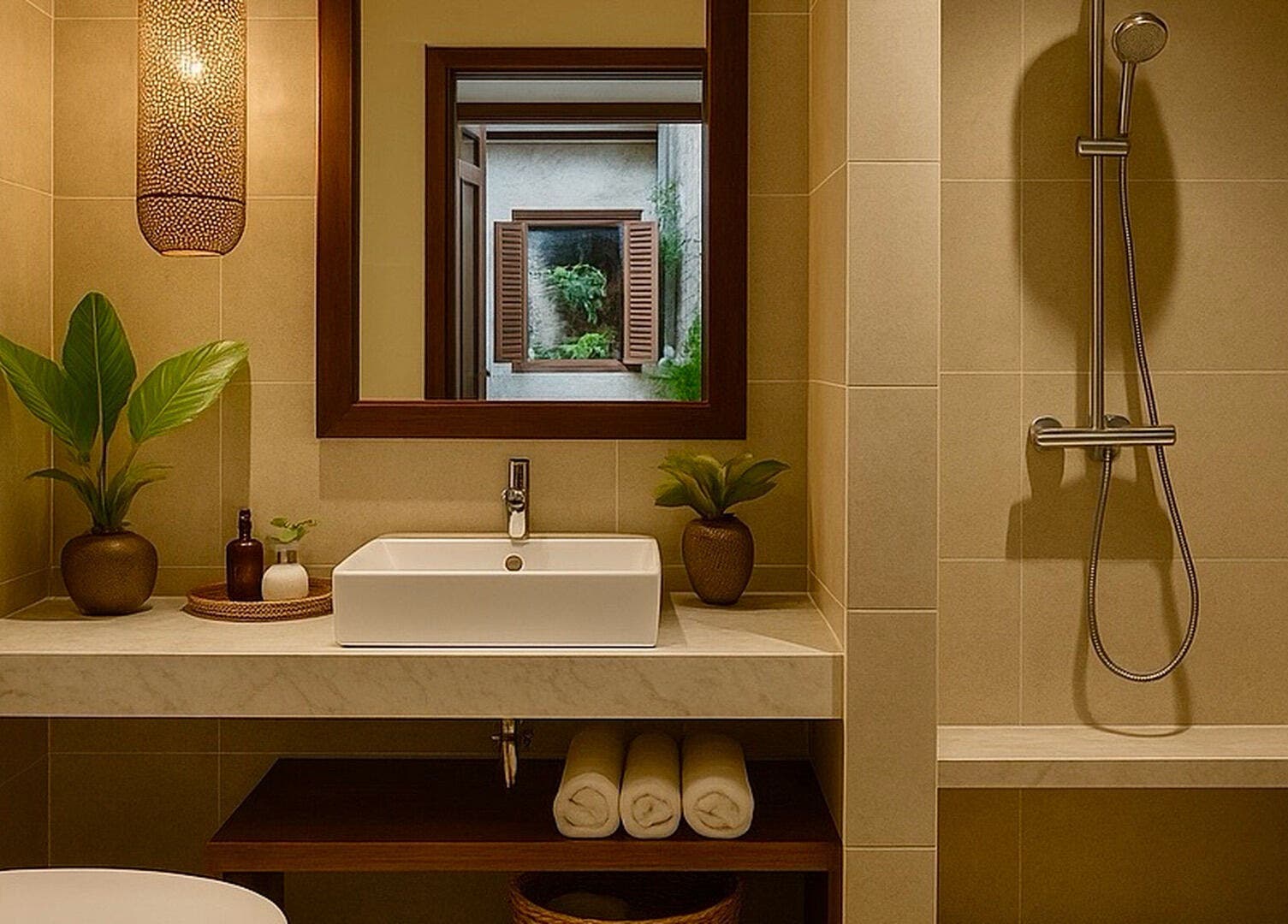 Elegant bathroom at Purea Spa Malacca in Melaka, MY, showcasing a modern design with lush greenery.