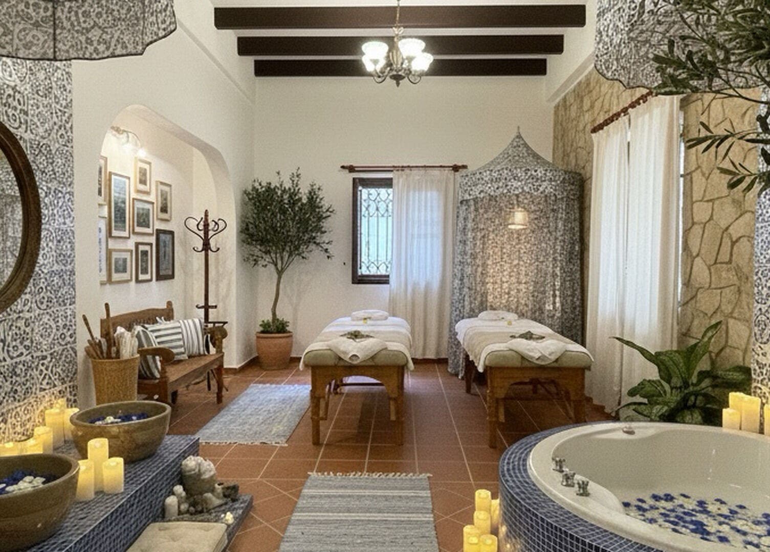 Cozy spa room at Purea Spa Malacca, Melaka, MY with massage tables and a jacuzzi surrounded by candles.