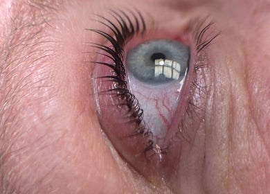 Nahaufnahme eines Auges bei Lumièrecosmetik in Hechingen, Baden-Württemberg, DE, mit gepflegten Wimpern.