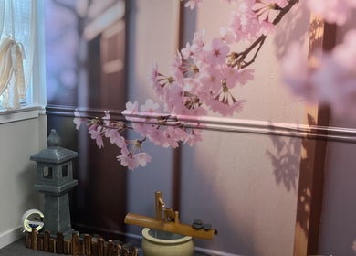 Serene cherry blossom decor at Wu Therapeutic Massage and Head Spa in Fairfax, Virginia, US.