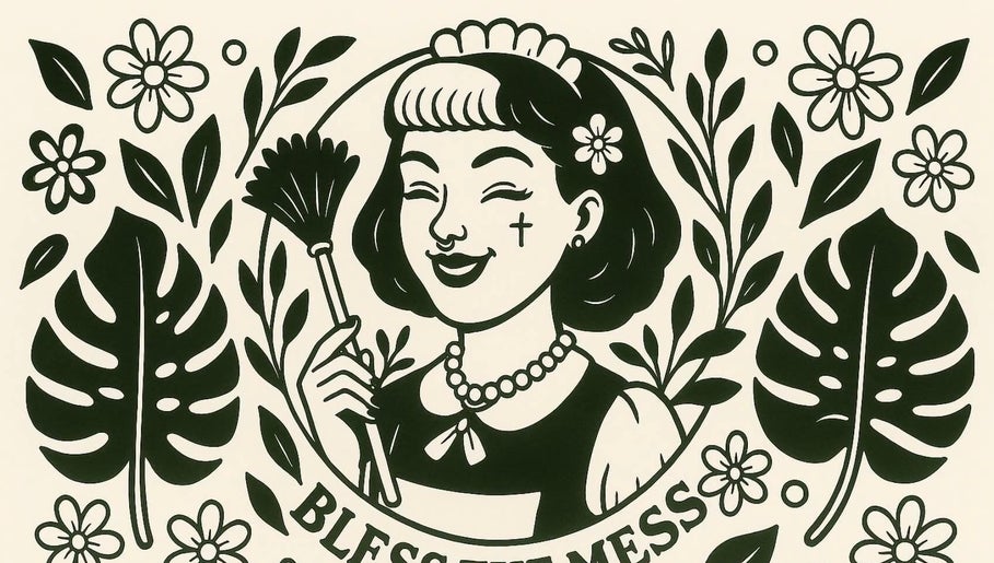 Artistic logo of a smiling maid with flowers for Bless The Mess Cleaning Co., Wānaka, Otago Region, NZ.