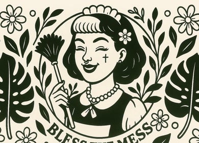 Artistic logo of a smiling maid with flowers for Bless The Mess Cleaning Co., Wānaka, Otago Region, NZ.